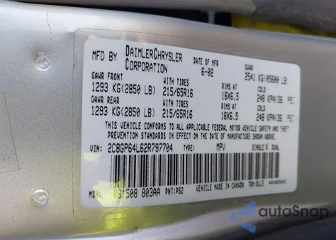 2002 Chrysler Town & Country Limited z USA, uszkodzony, nr VIN 2C8GP64L62R797704